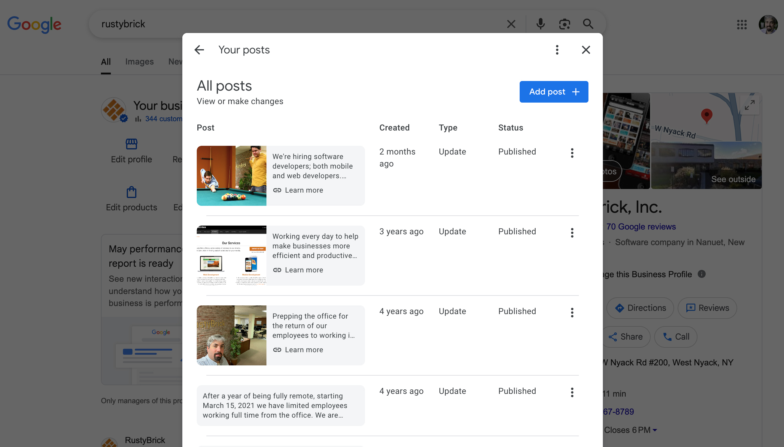 Google Business Profile Posts Management Interface