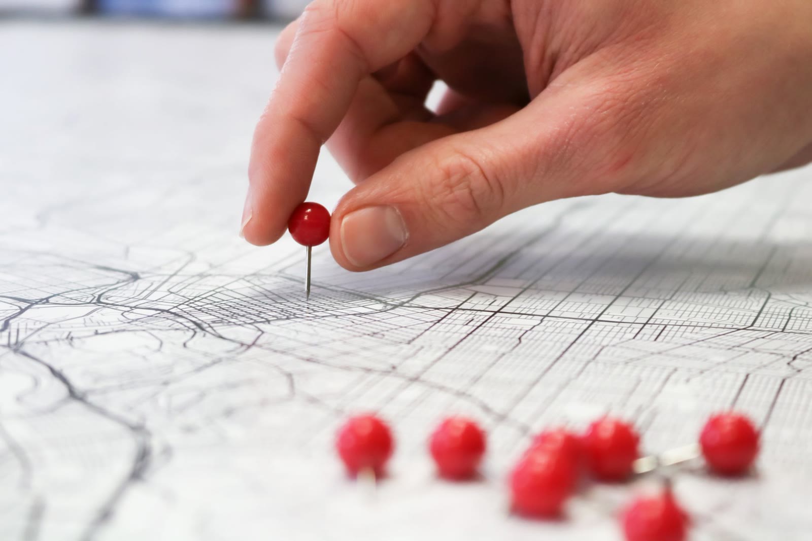 Map pins marking multiple business locations across a city