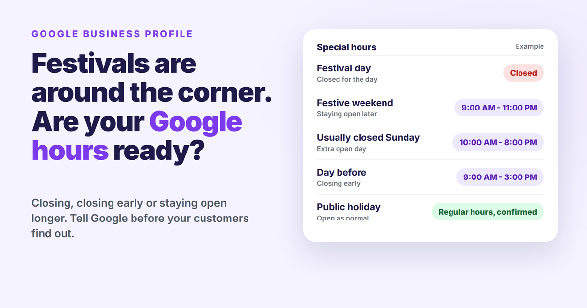 Example Google Business Profile special hours for the festive season: a closed day, extended evening hours and an extra open day