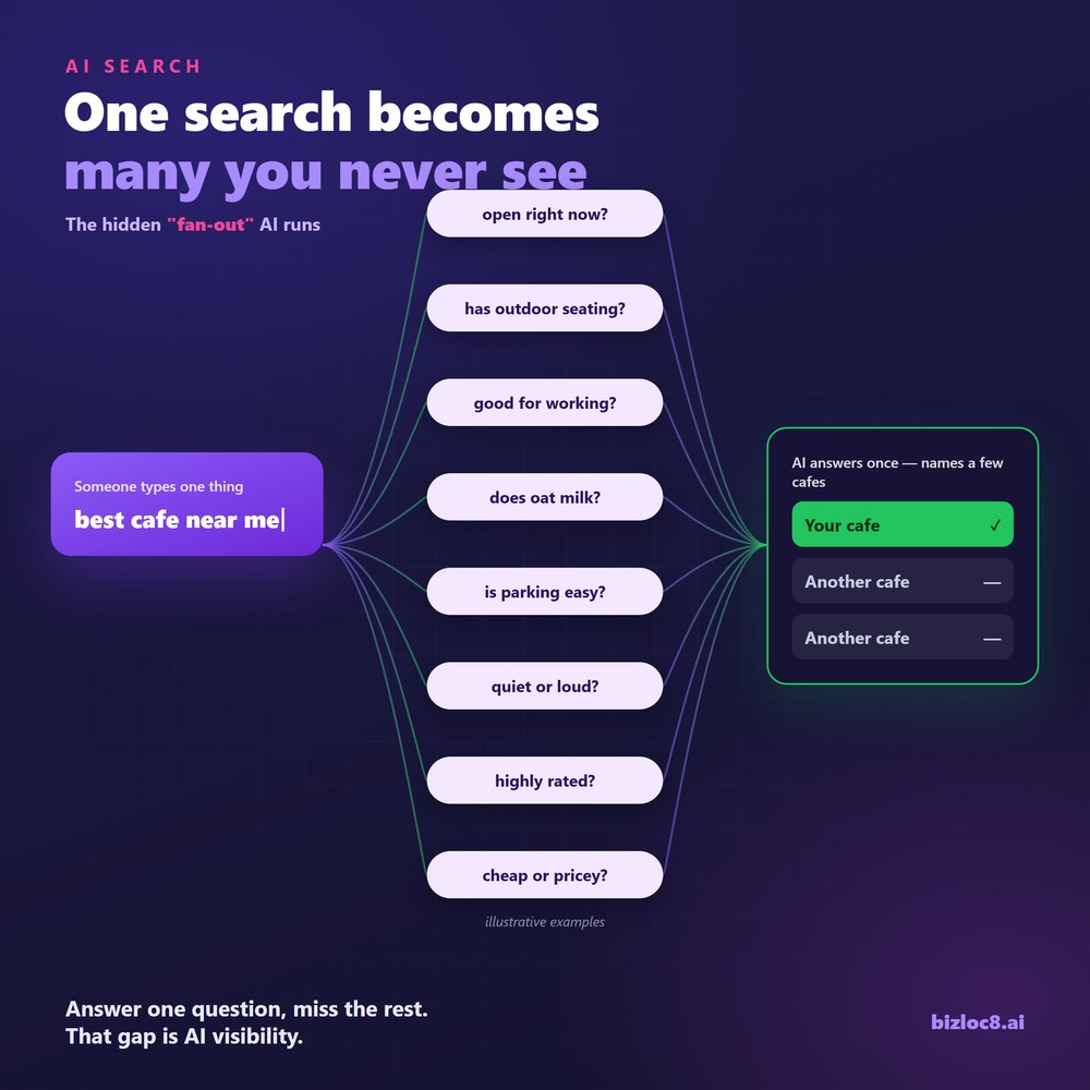 One search 'best cafe near me' fanning out into eight hidden sub-queries, then one AI answer naming a few cafes